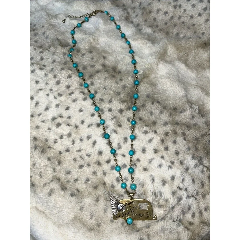 Turquoise Bead Necklace Gone Junk'n Camper 34” + extender